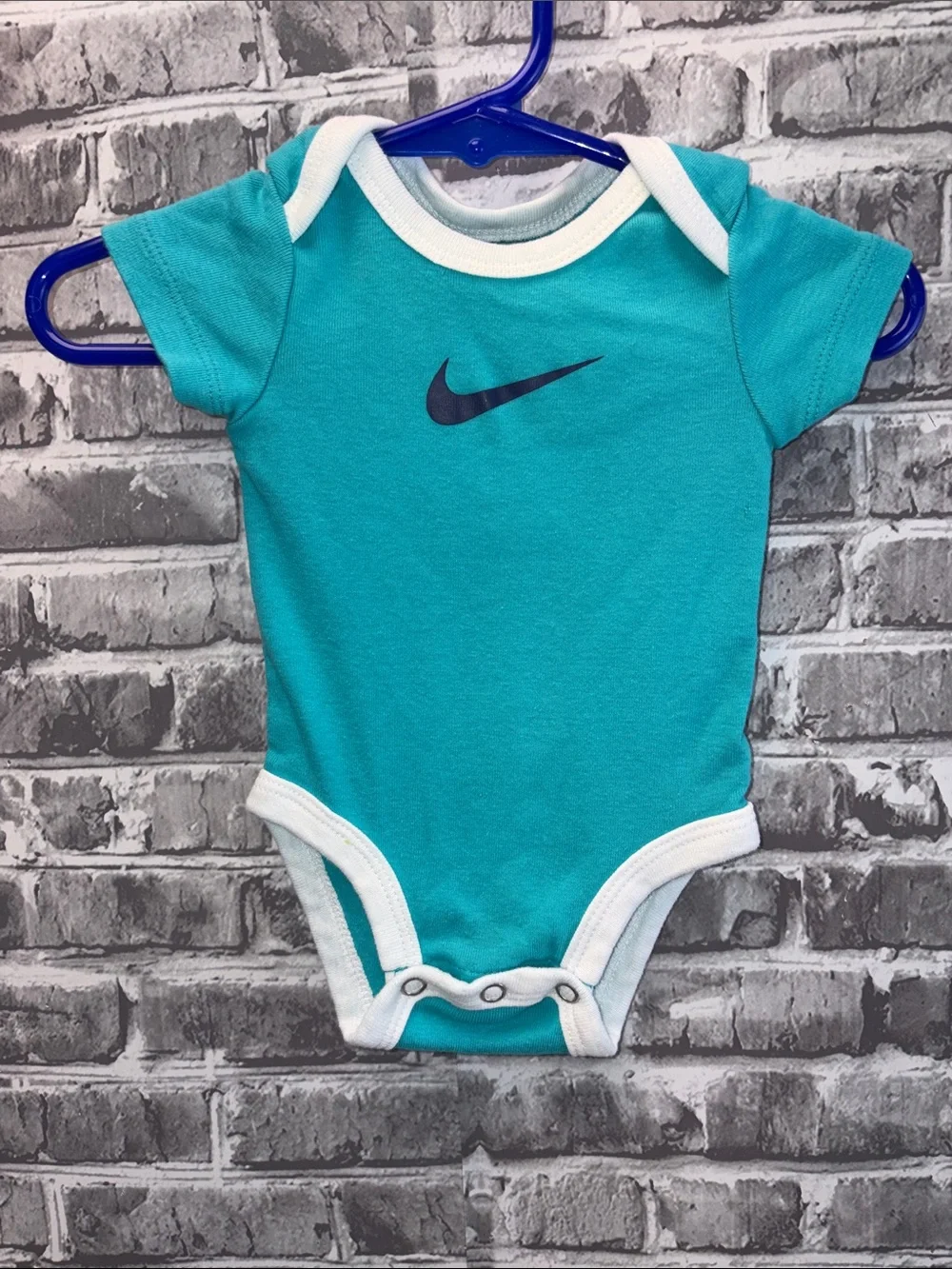 Nike Turquoise and White Baby Bodysuit with Navy Swoosh